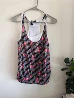 Weavers Floral Racerback Tank Top - Pink & Black & White